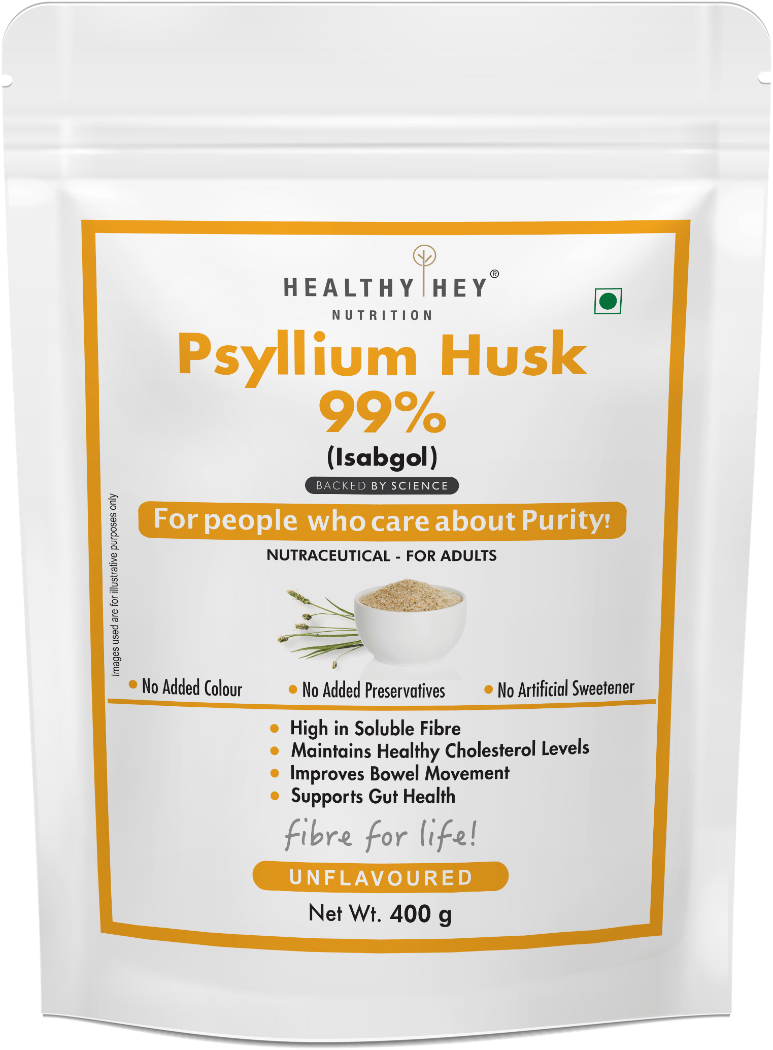 HealthyHey Nutrition Powder Unflavour Psyllium Husk 99%, Metabolism Management - Fibre Support - 400 gram Powder