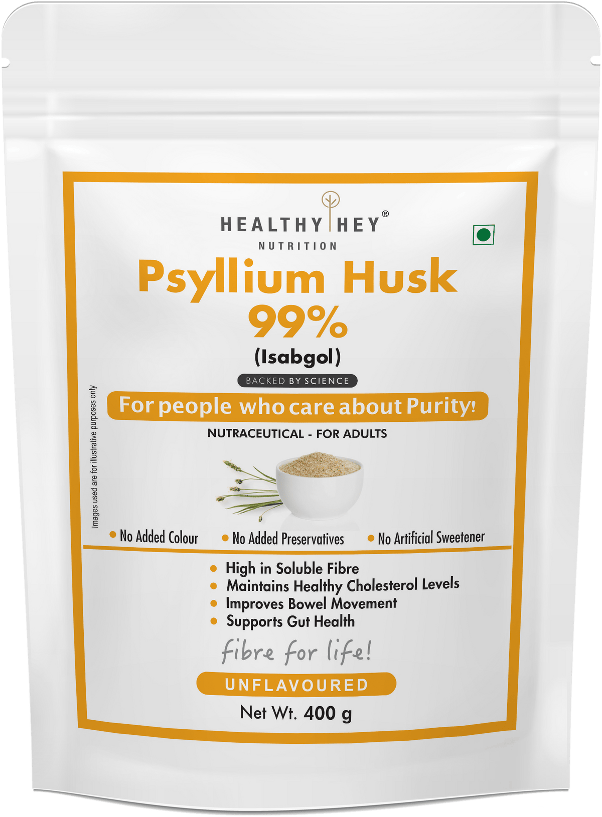 HealthyHey Nutrition Powder Unflavour Psyllium Husk 99%, Metabolism Management - Fibre Support - 400 gram Powder
