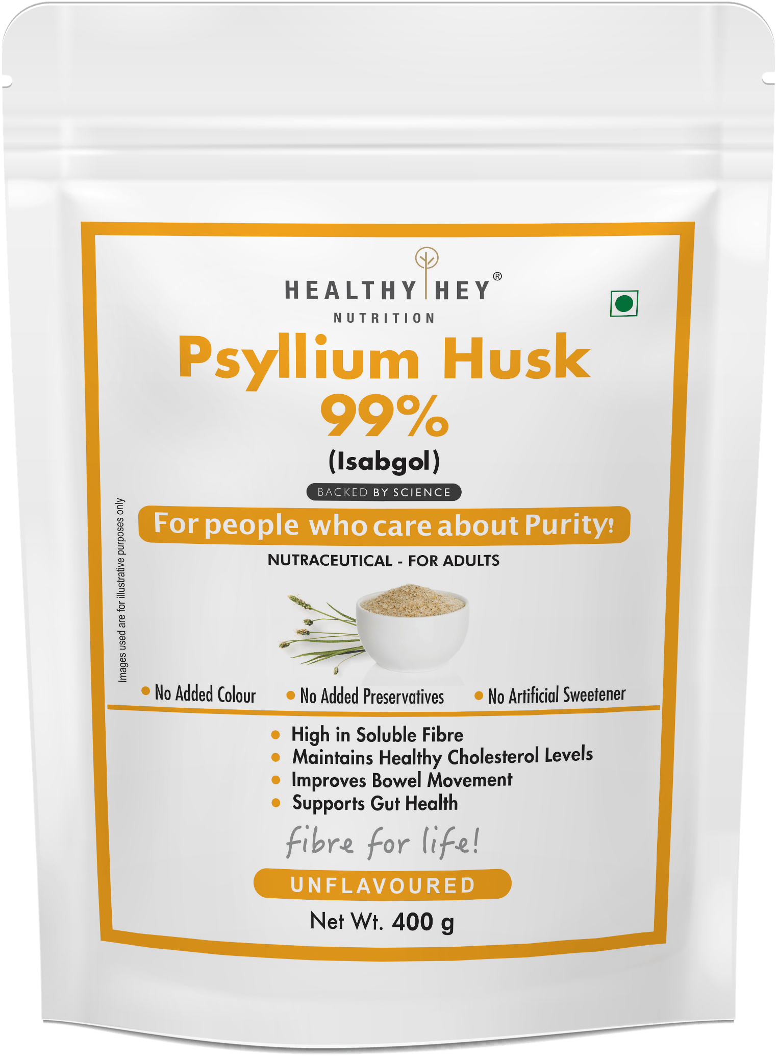 HealthyHey Nutrition Powder Unflavour Psyllium Husk 99%, Metabolism Management - Fibre Support - 400 gram Powder