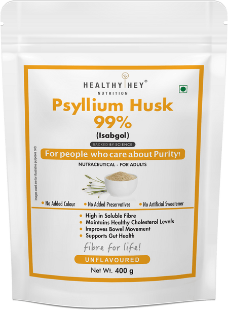 HealthyHey Nutrition Powder Unflavour Psyllium Husk 99%, Metabolism Management - Fibre Support - 400 gram Powder