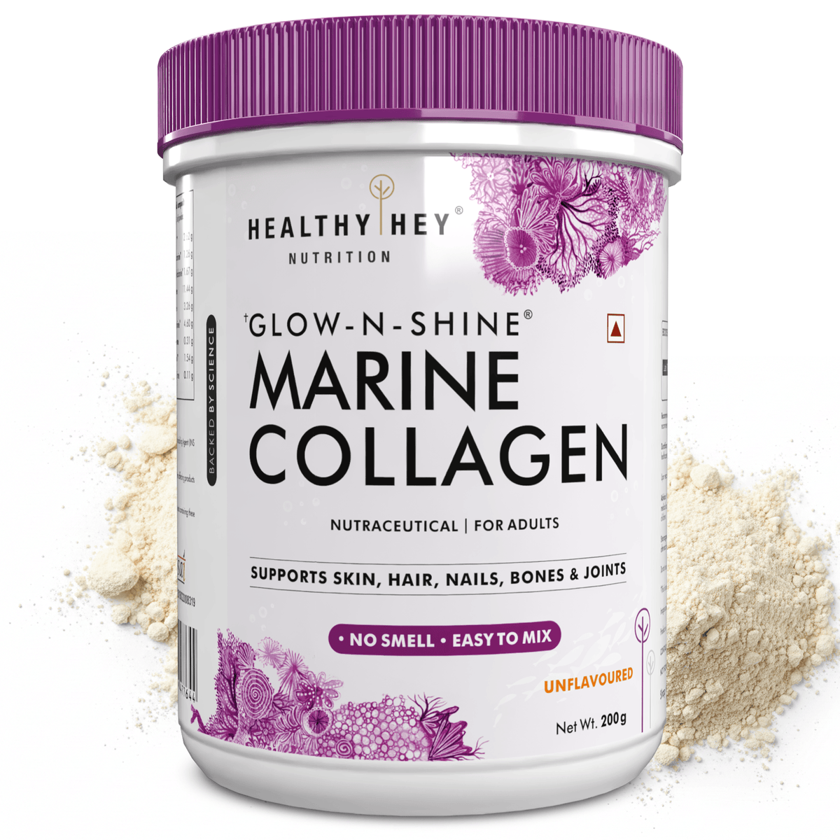 HealthyHey Nutrition Powder Unflavoured Glow-n-Shine Marine Collagen Peptide Powder 200g - Boost Skin, Hair & Joint Health