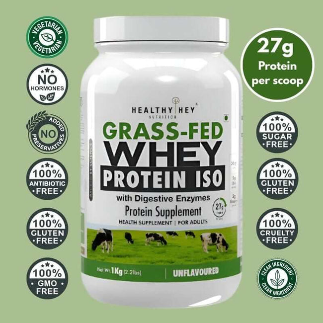 HealthyHey Nutrition Powder Unflavoured Made from Grass-Fed Cow's Milk  Whey Protein Isolate | No Artificial Flavour, Colour or Sweetener | No Additives or Preservatives | No Hormones or Heavy Metal | Lab Tested & Certified - 1kg Unflavoured