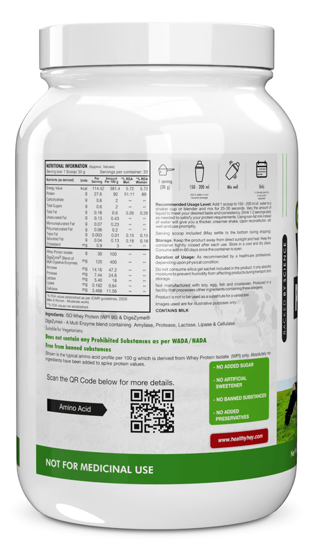 HealthyHey Nutrition Powder Unflavoured Made from Grass-Fed Cow's Milk  Whey Protein Isolate | No Artificial Flavour, Colour or Sweetener | No Additives or Preservatives | No Hormones or Heavy Metal | Lab Tested & Certified - 1kg Unflavoured