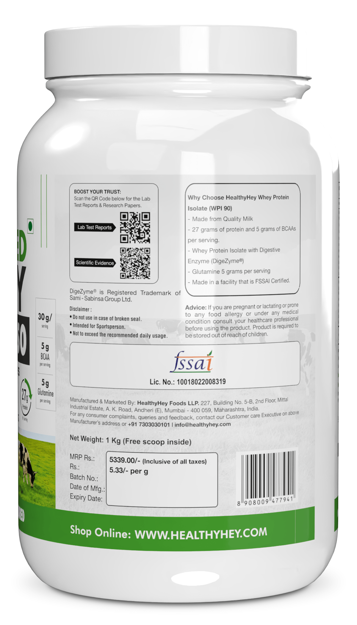 HealthyHey Nutrition Powder Unflavoured Made from Grass-Fed Cow's Milk  Whey Protein Isolate | No Artificial Flavour, Colour or Sweetener | No Additives or Preservatives | No Hormones or Heavy Metal | Lab Tested & Certified - 1kg Unflavoured