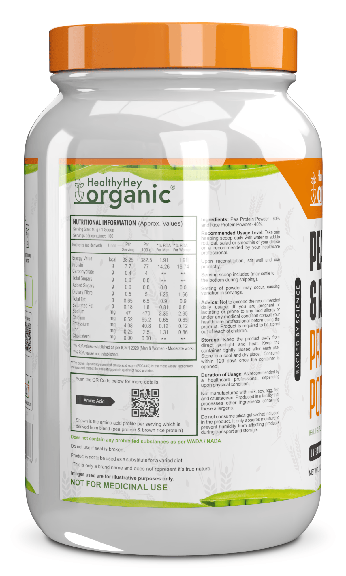 HealthyHey Nutrition Powder Unflavoured Pea & Brown Rice Protein Isolate - 100% Plant Protein Powder - (Unflavoured), 1 kg (Pack of 1)