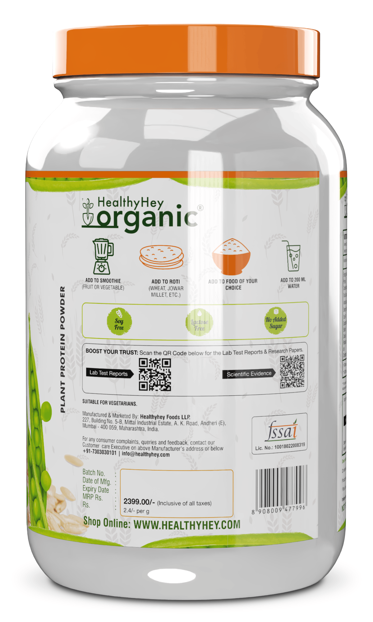 HealthyHey Nutrition Powder Unflavoured Pea & Brown Rice Protein Isolate - 100% Plant Protein Powder - (Unflavoured), 1 kg (Pack of 1)