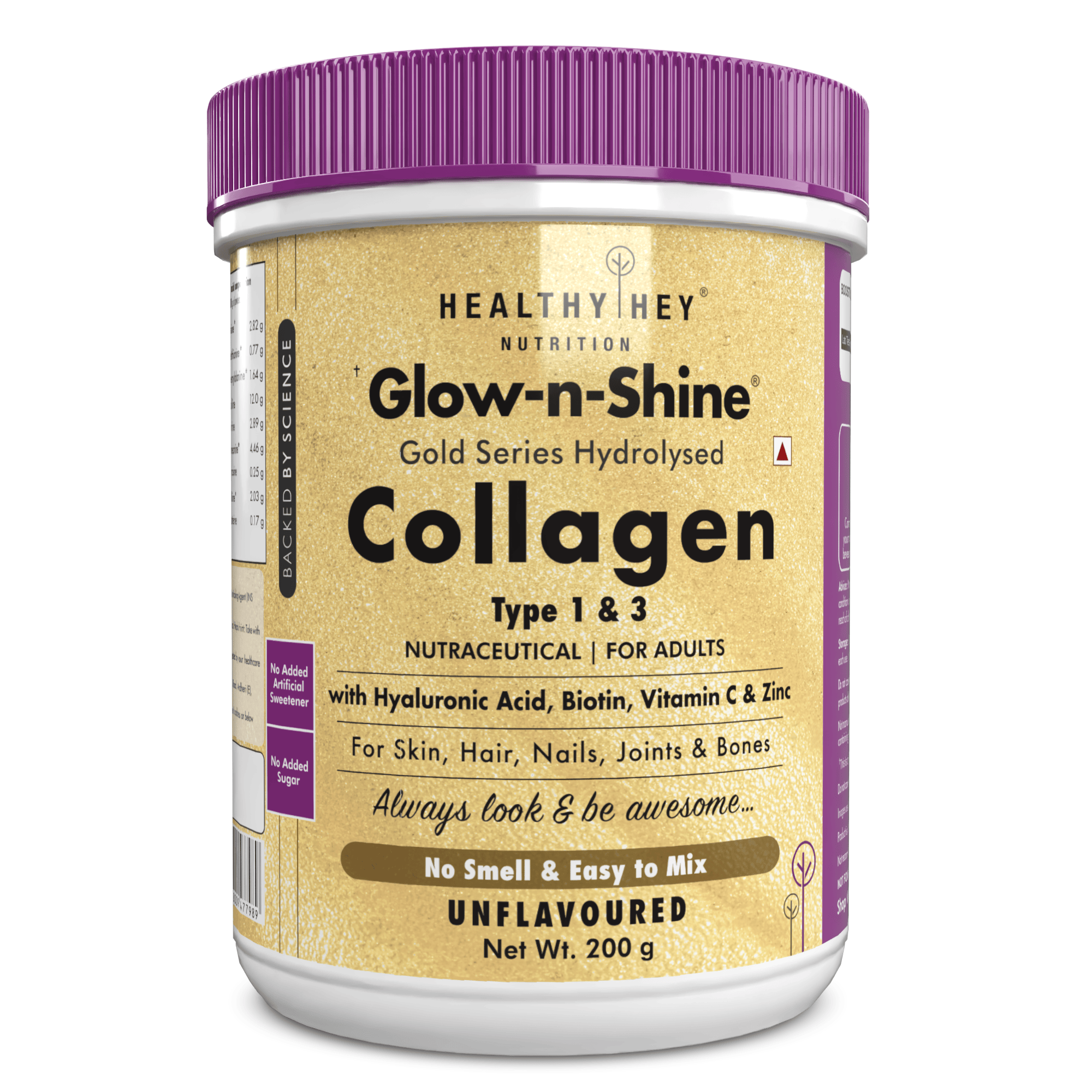HealthyHey Nutrition Powder Unflavoured Skin Glow-n-Shine Collagen Powder 200g | Hydrolysed Collagen for Women and Men with Hyaluronic Acid, Biotin and Vitamin C for Healthy Skin, Hair and Nails
