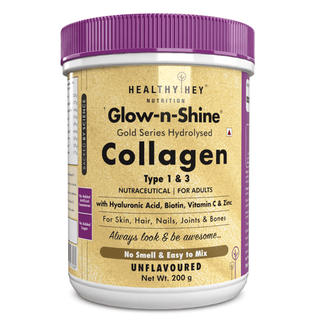 HealthyHey Nutrition Powder Unflavoured Skin Glow-n-Shine Collagen Powder 200g | Hydrolysed Collagen for Women and Men with Hyaluronic Acid, Biotin and Vitamin C for Healthy Skin, Hair and Nails