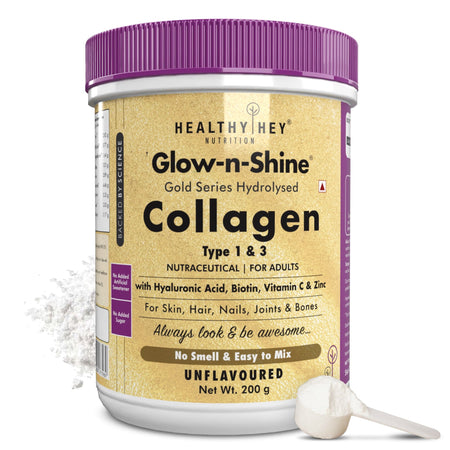 HealthyHey Nutrition Powder Unflavoured Skin Glow-n-Shine Collagen Powder 200g | Hydrolysed Collagen for Women and Men with Hyaluronic Acid, Biotin and Vitamin C for Healthy Skin, Hair and Nails