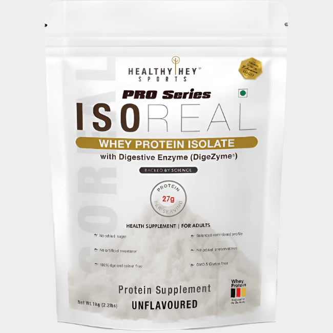 HealthyHey Nutrition Powder Unflavoured Whey Protein Isolate - ISOReal (Sourced from Europe) with Digestive Enzymes - Pouch