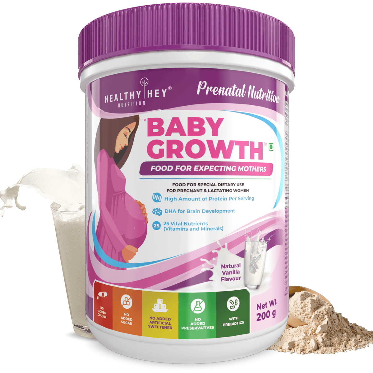 HealthyHey Nutrition Powder Vanila Prenatal Vitamin Supplement Shake for Expecting Mother - BabyGrowth - 200 gram - All Natural - Tastes Great- Vegetarian - High Protein - Prebiotics