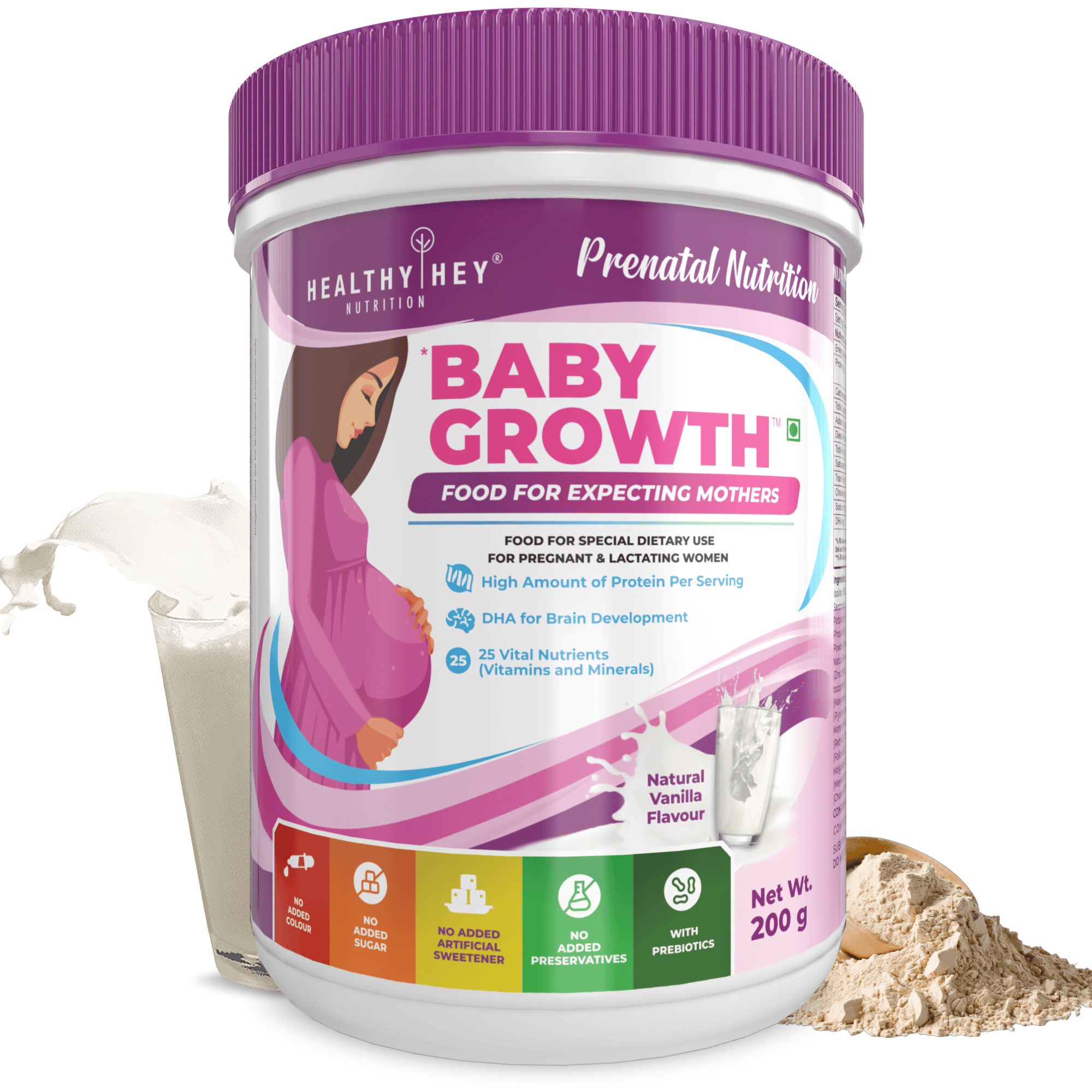 HealthyHey Nutrition Powder Vanila Prenatal Vitamin Supplement Shake for Expecting Mother - BabyGrowth - 200 gram - All Natural - Tastes Great- Vegetarian - High Protein - Prebiotics