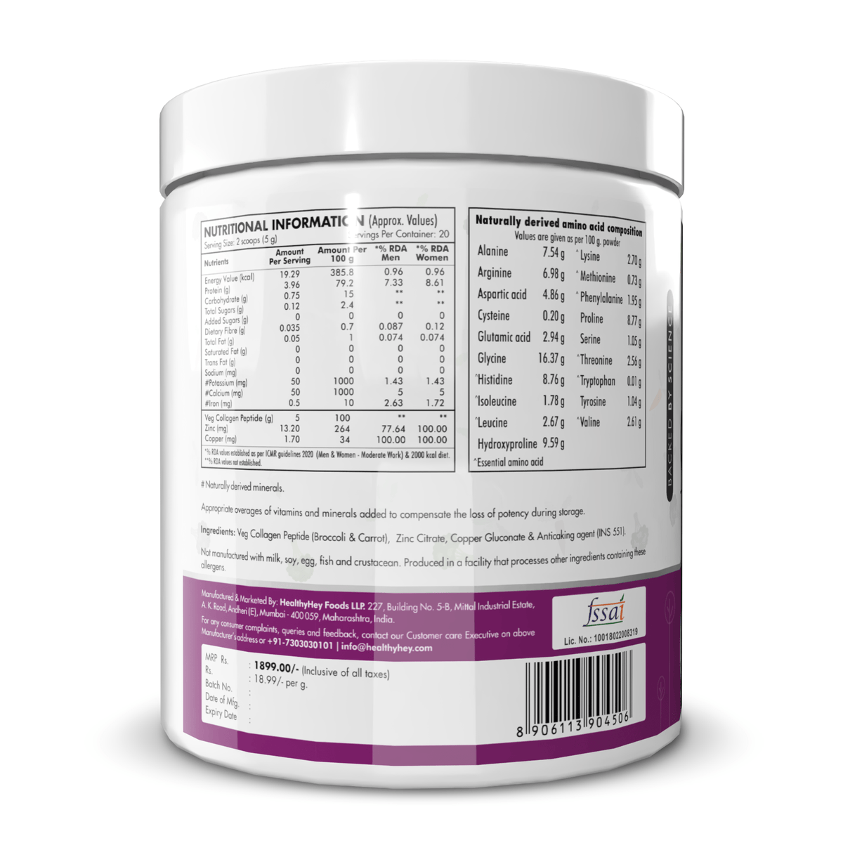 HealthyHey Nutrition Powder Veg Collagen Peptide -100gm | Supports Skin, Hair & Muscle Health