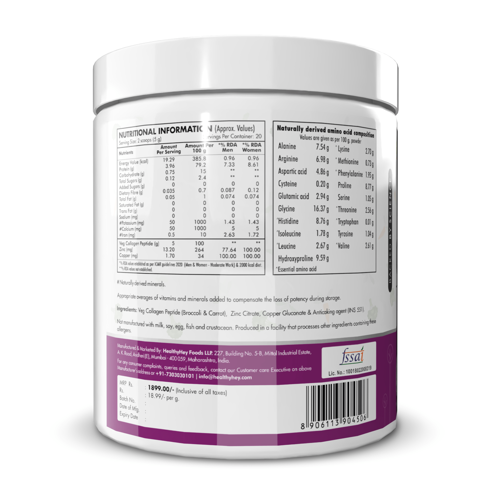 HealthyHey Nutrition Powder Veg Collagen Peptide -100gm | Supports Skin, Hair & Muscle Health