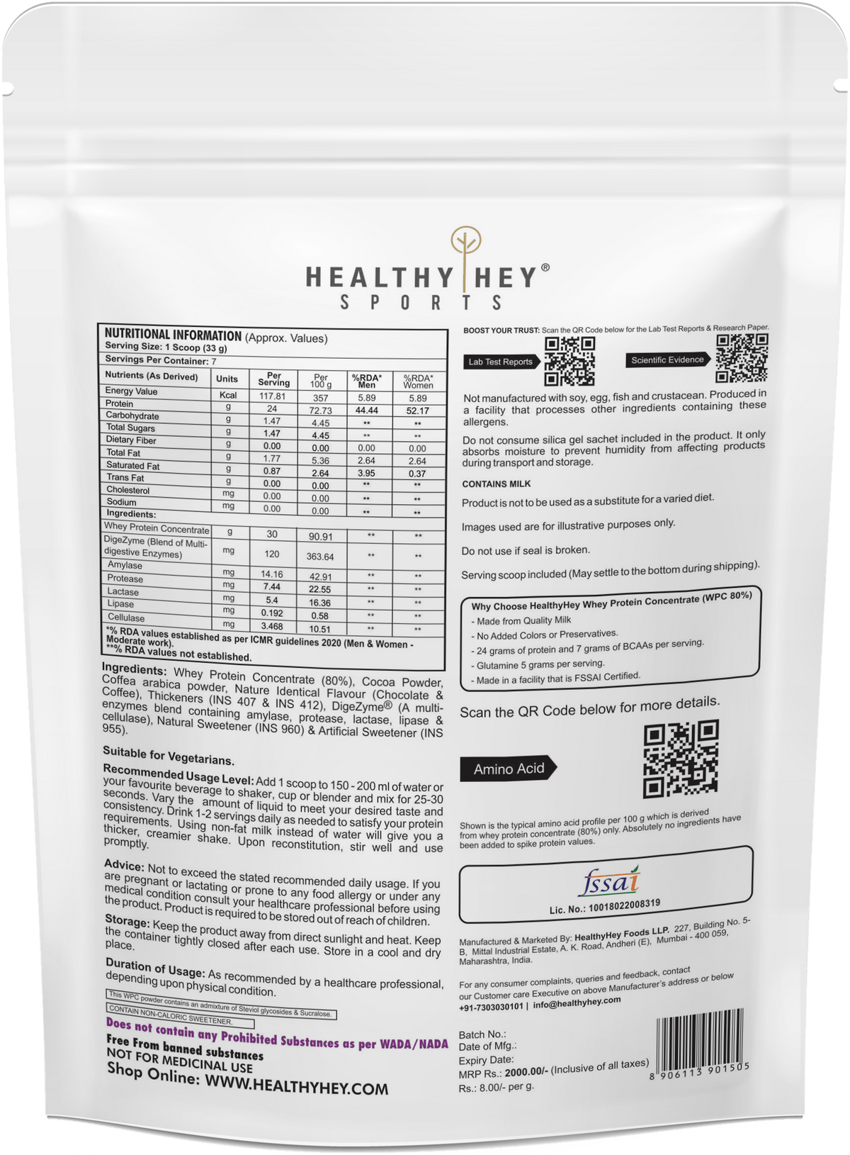 HealthyHey Nutrition Powder Whey Protein Concentrate - 80% Protein with Digestive Enzymes