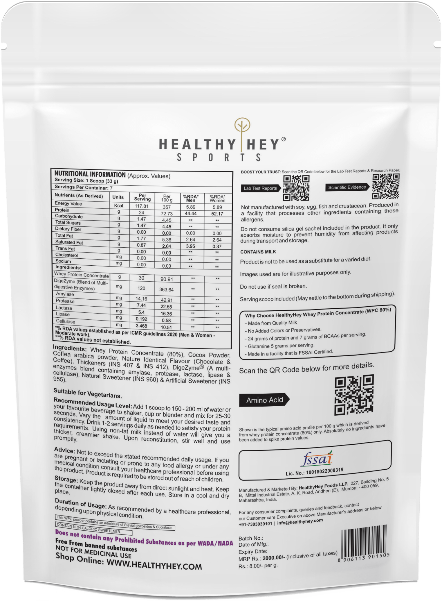 HealthyHey Nutrition Powder Whey Protein Concentrate - 80% Protein with Digestive Enzymes