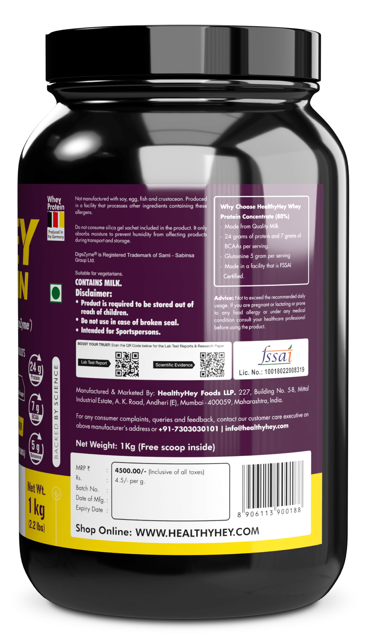 HealthyHey Nutrition Powder Whey Protein Concentrate - 80% Protein with Digestive Enzymes