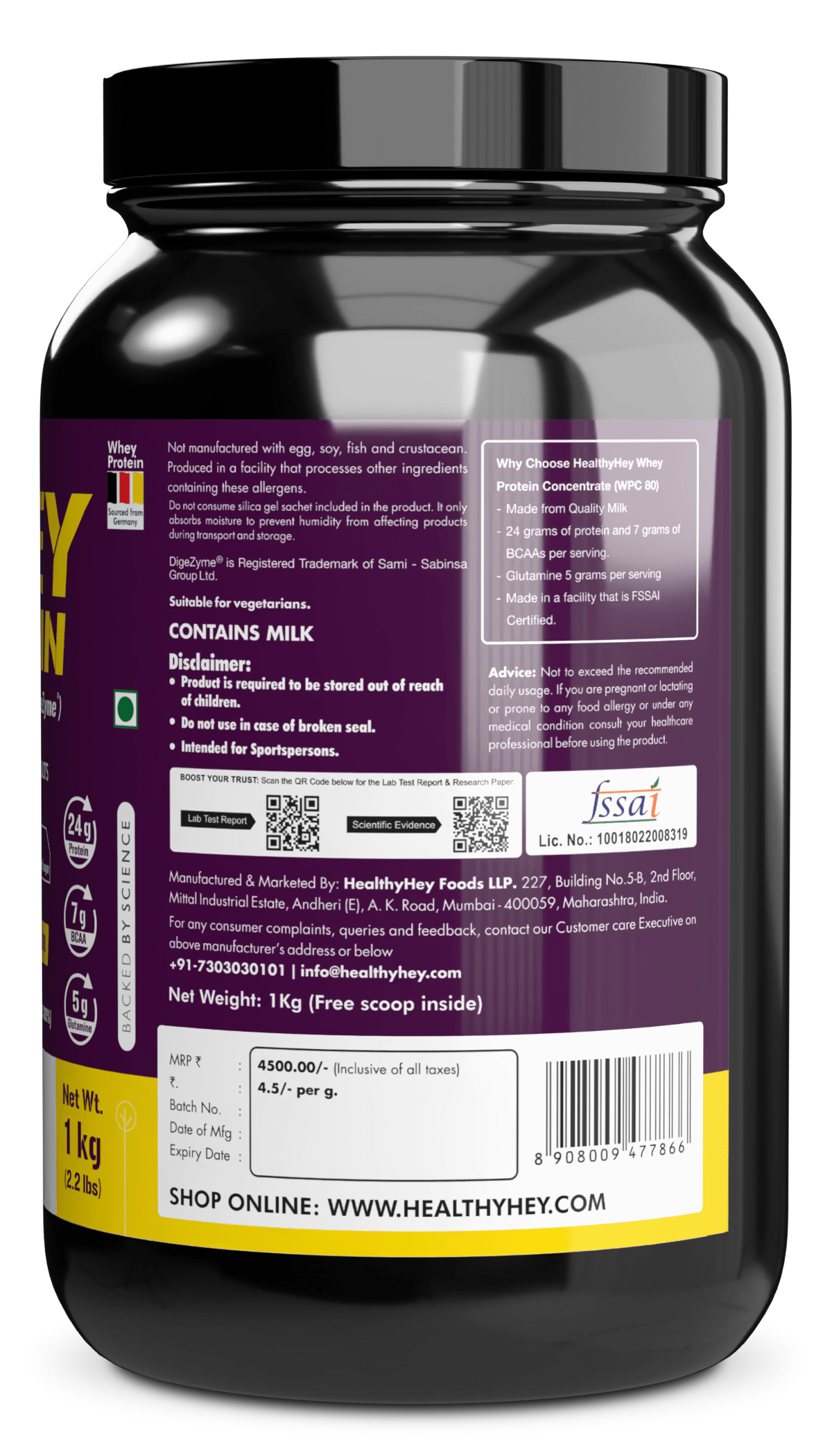 HealthyHey Nutrition Powder Whey Protein Concentrate - 80% Protein with Digestive Enzymes