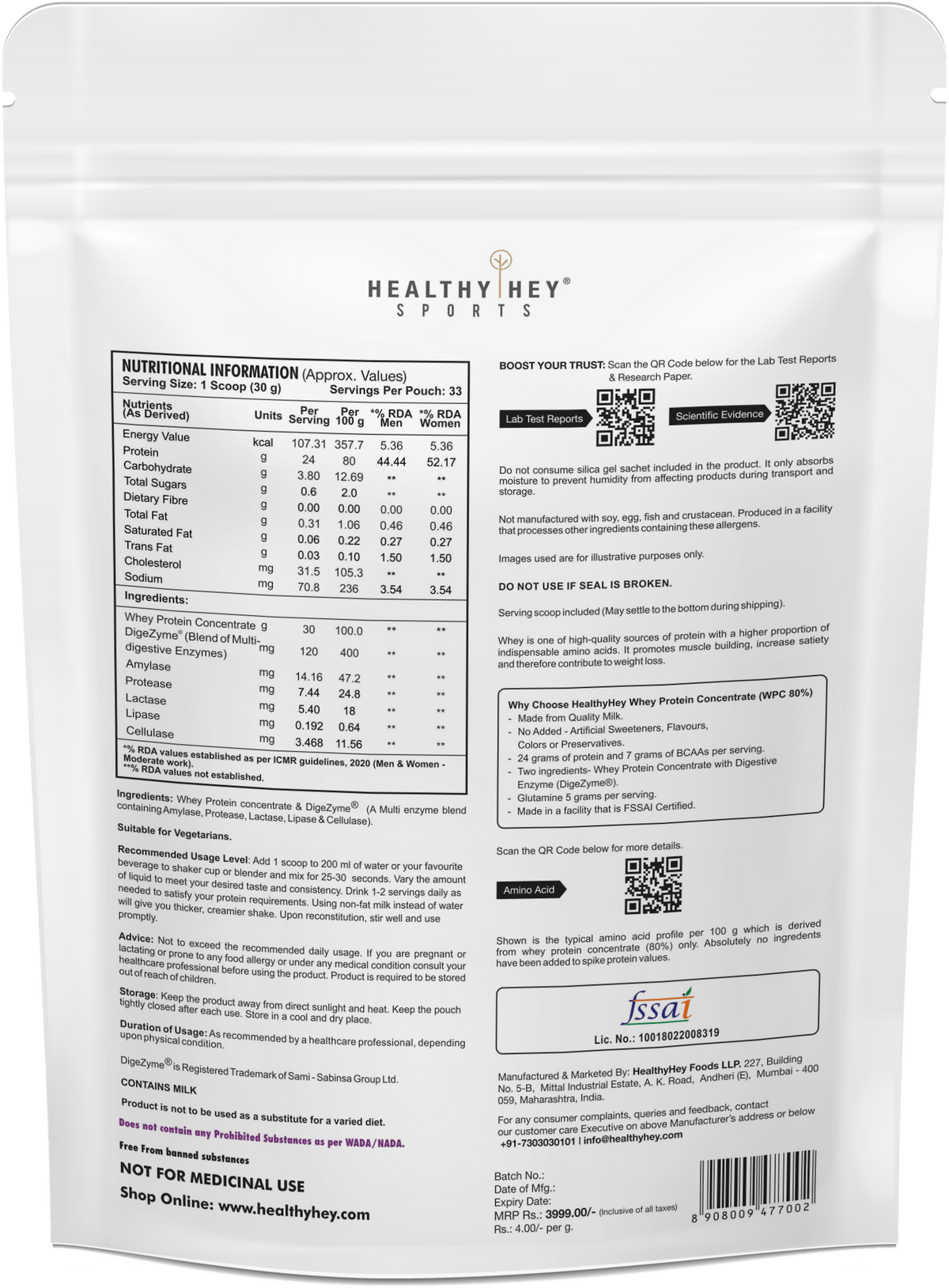 HealthyHey Nutrition Powder Whey Protein Concentrate - 80% Protein with Digestive Enzymes