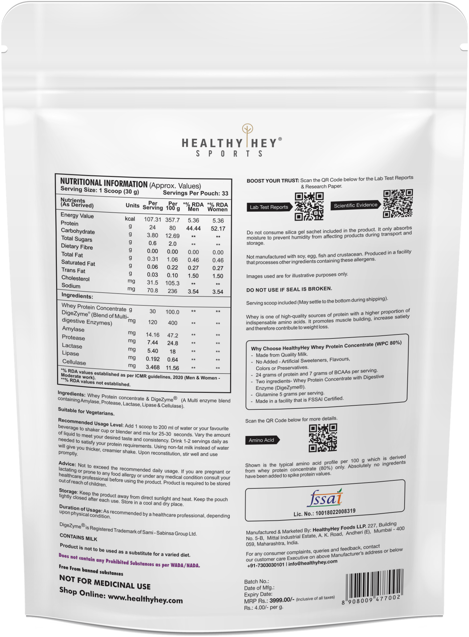 HealthyHey Nutrition Powder Whey Protein Concentrate - 80% Protein with Digestive Enzymes