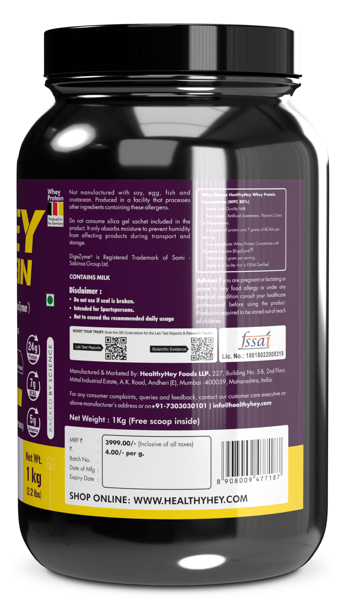 HealthyHey Nutrition Powder Whey Protein Concentrate - 80% Protein with Digestive Enzymes