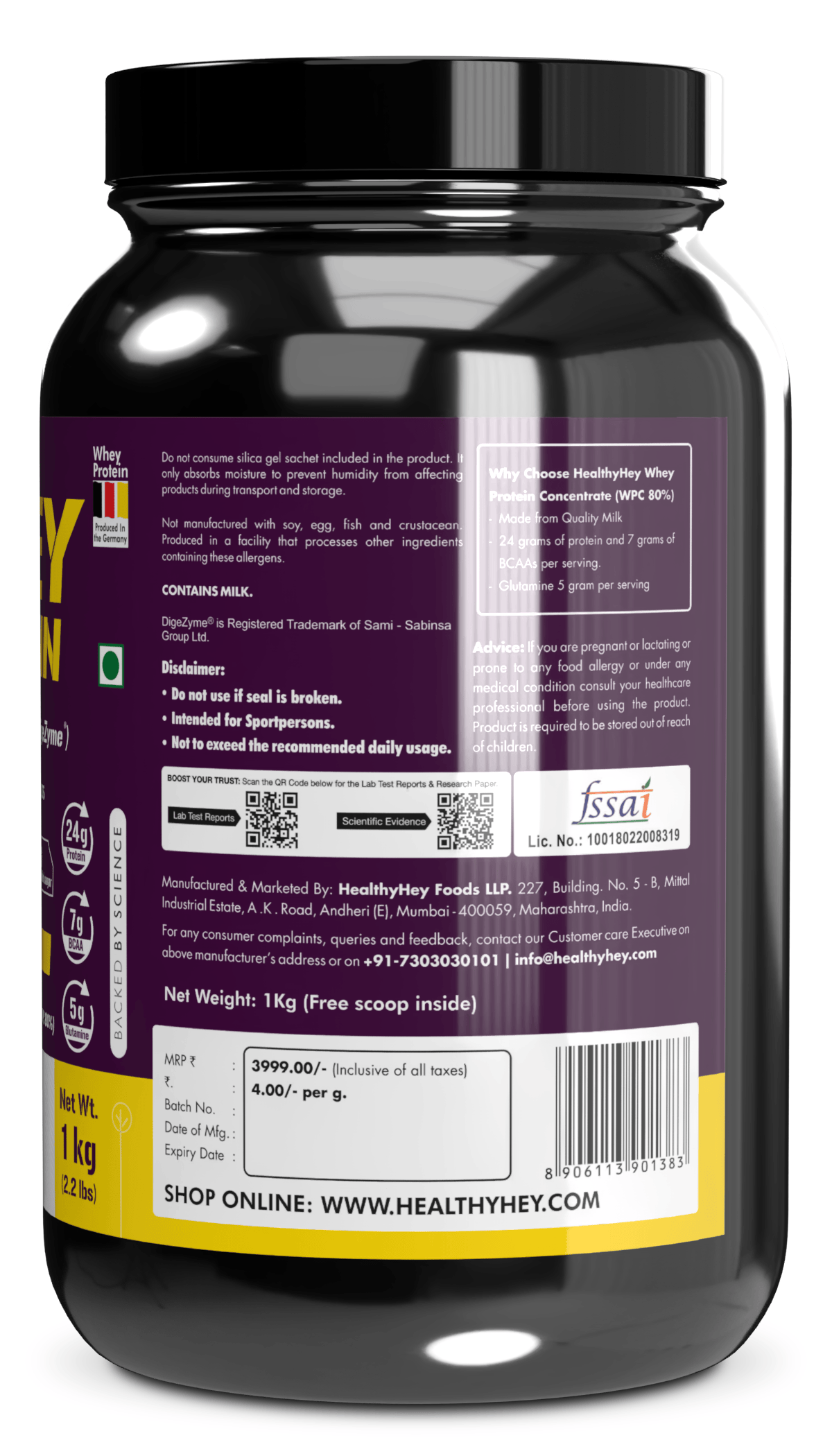 HealthyHey Nutrition Powder Whey Protein Concentrate - 80% Protein with Digestive Enzymes