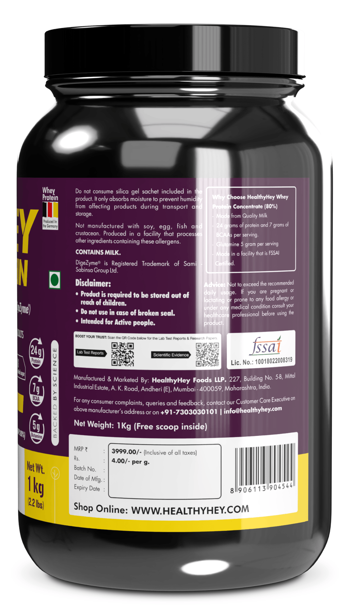 HealthyHey Nutrition Powder Whey Protein Concentrate - 80% Protein with Digestive Enzymes