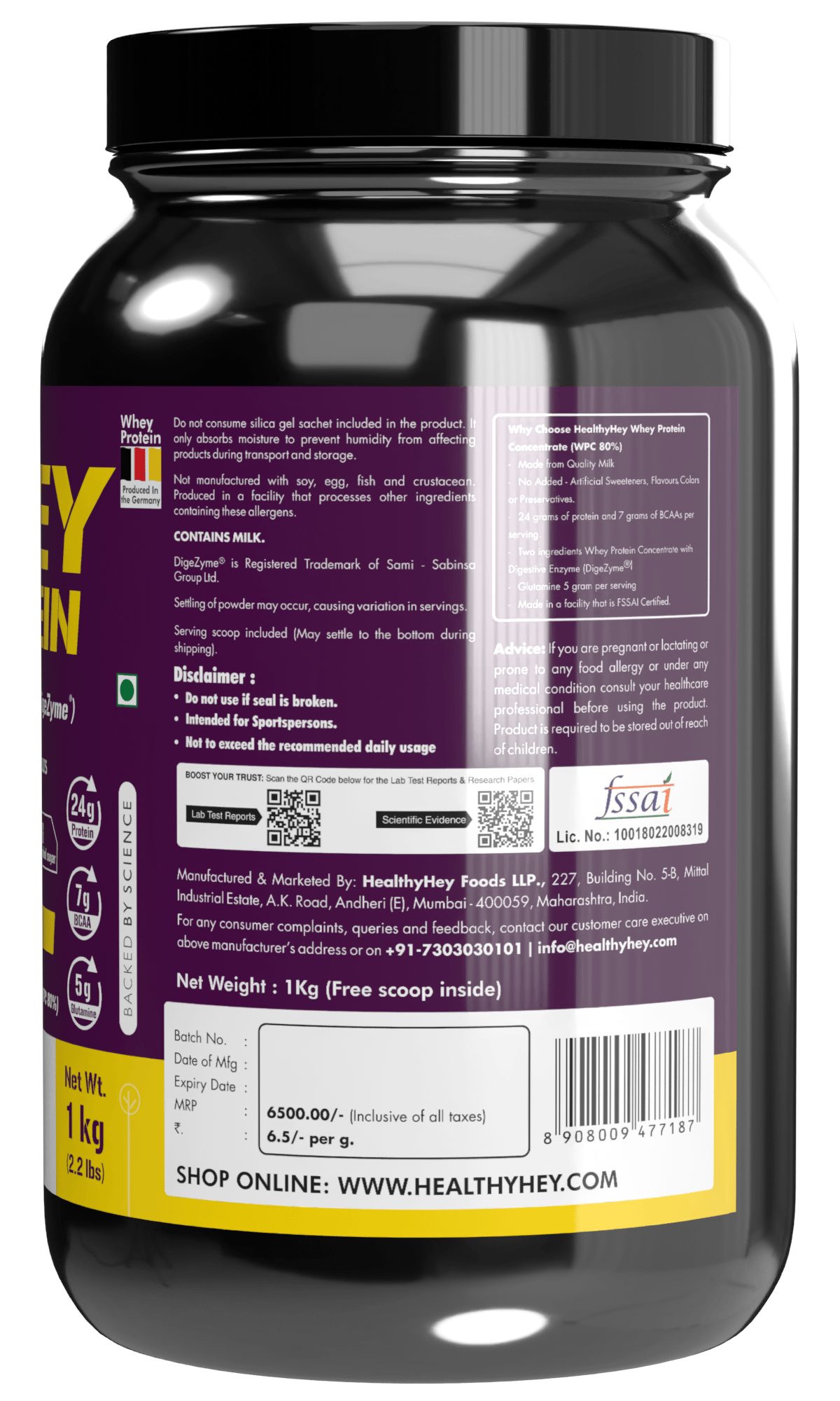 HealthyHey Nutrition Powder Whey Protein Concentrate - 80% Protein with Digestive Enzymes