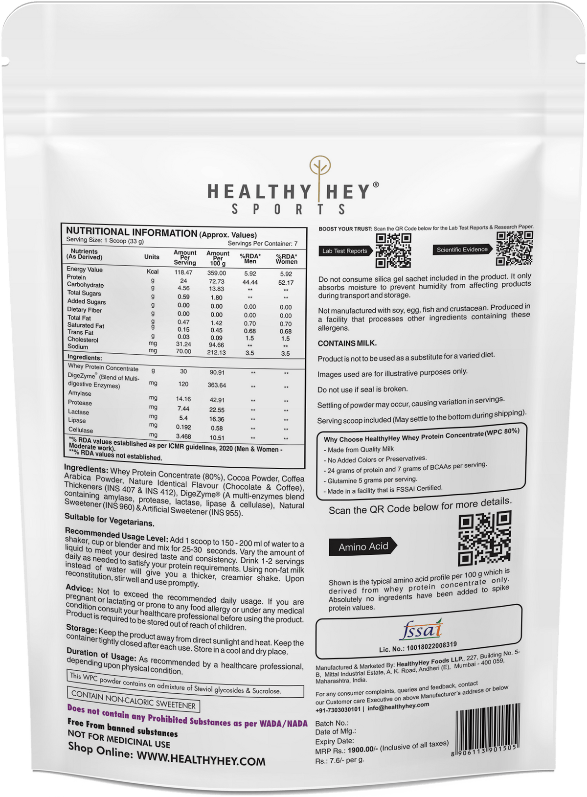 HealthyHey Nutrition Powder Whey Protein Concentrate - 80% Protein with Digestive Enzymes