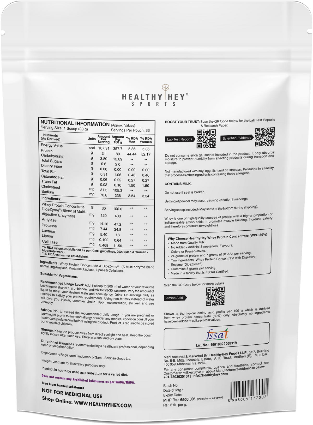 HealthyHey Nutrition Powder Whey Protein Concentrate - 80% Protein with Digestive Enzymes