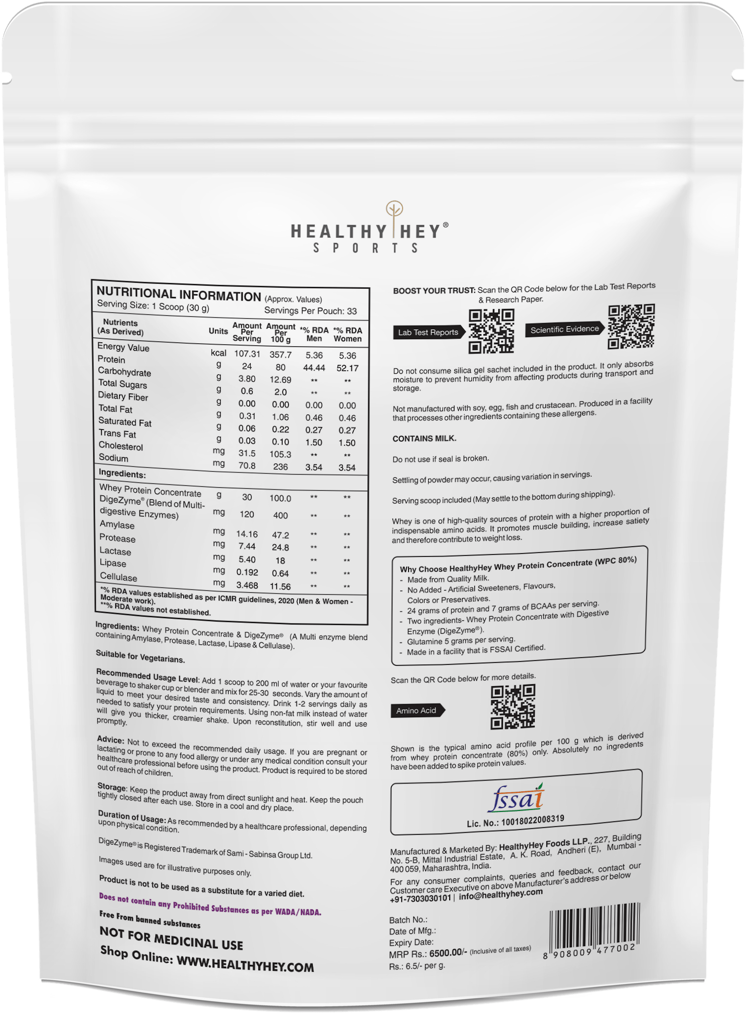 HealthyHey Nutrition Powder Whey Protein Concentrate - 80% Protein with Digestive Enzymes
