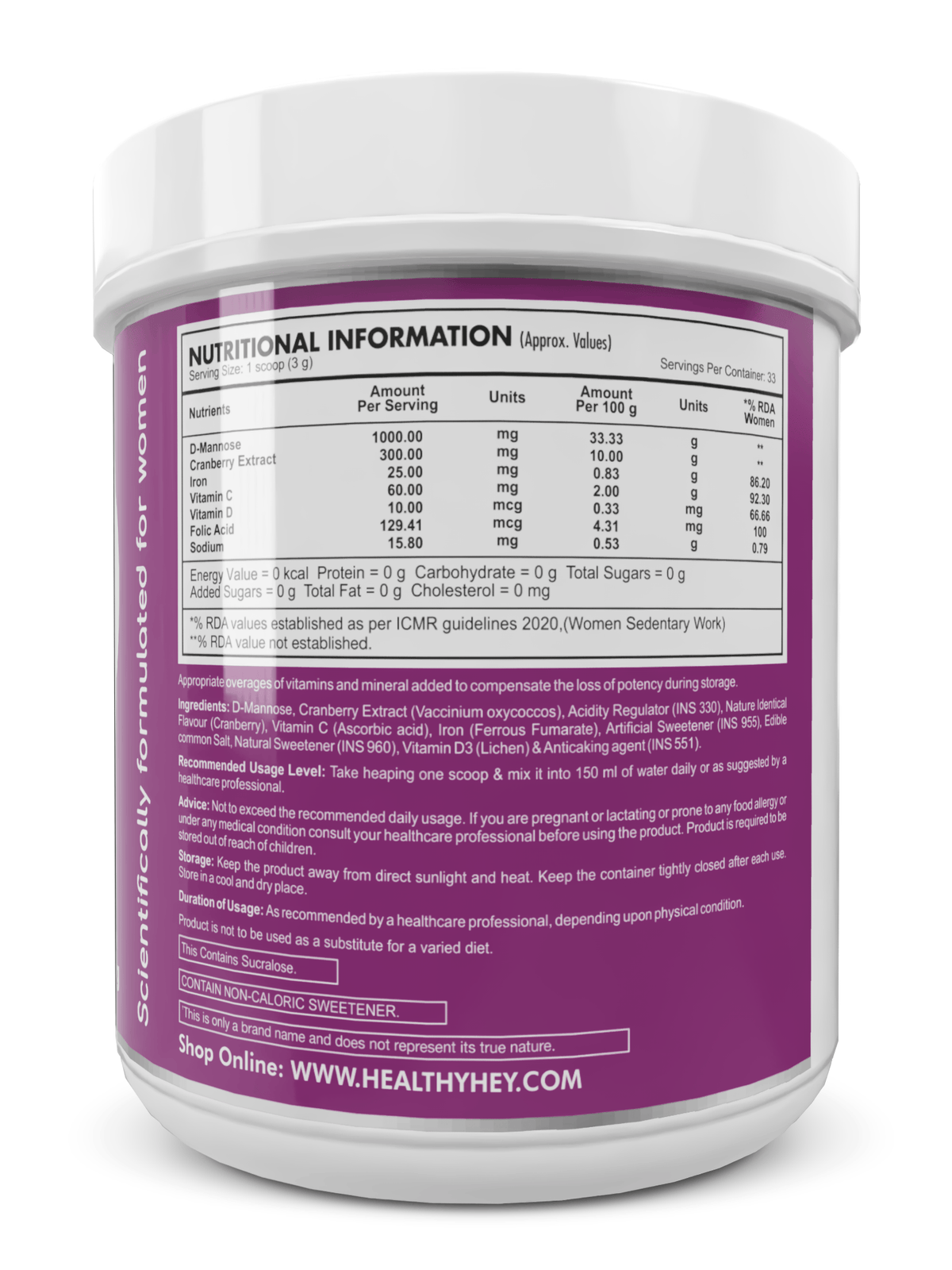 HealthyHey Nutrition Powder Woman Plus UTI, Supports Urinary Tract Health Defend Cranberry Flavour Powder 100g