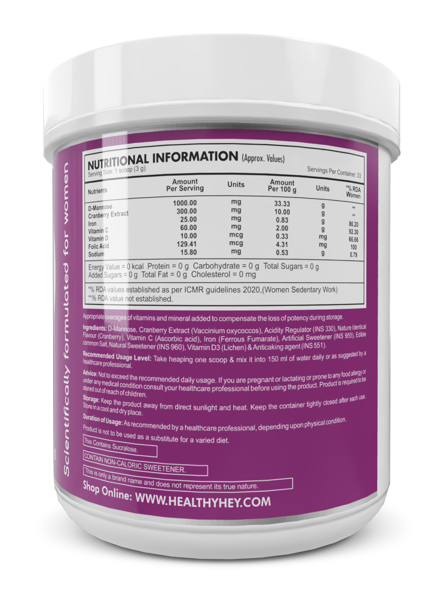 HealthyHey Nutrition Powder Woman Plus UTI, Supports Urinary Tract Health Defend Cranberry Flavour Powder 100g