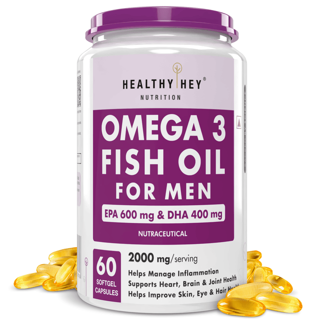 HealthyHey Nutrition Softgel Men Omega 3 Fish Oil , Support Heart, Brain, Skin, Hair & Eye Health 60 Softgel Capsules (600 EPA & 400 DHA)