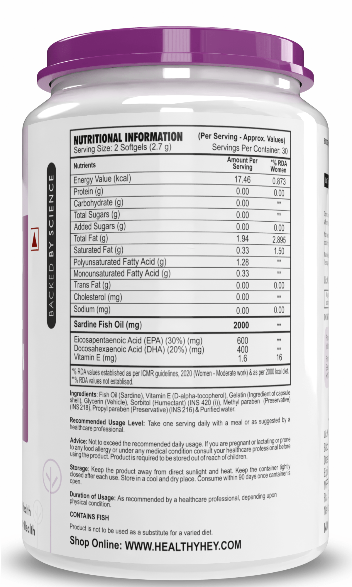 HealthyHey Nutrition Softgel Omega 3 Fish Oil , Support Heart, Brain, Skin, Hair & Eye Health 60 Softgel Capsules (600 EPA & 400 DHA)