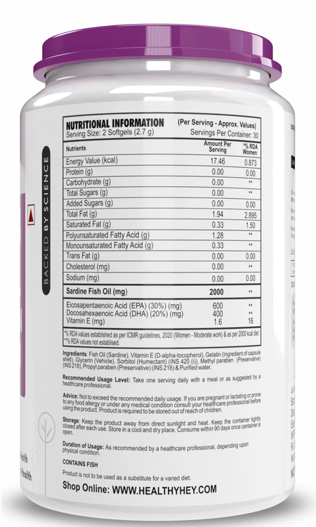 HealthyHey Nutrition Softgel Omega 3 Fish Oil , Support Heart, Brain, Skin, Hair & Eye Health 60 Softgel Capsules (600 EPA & 400 DHA)