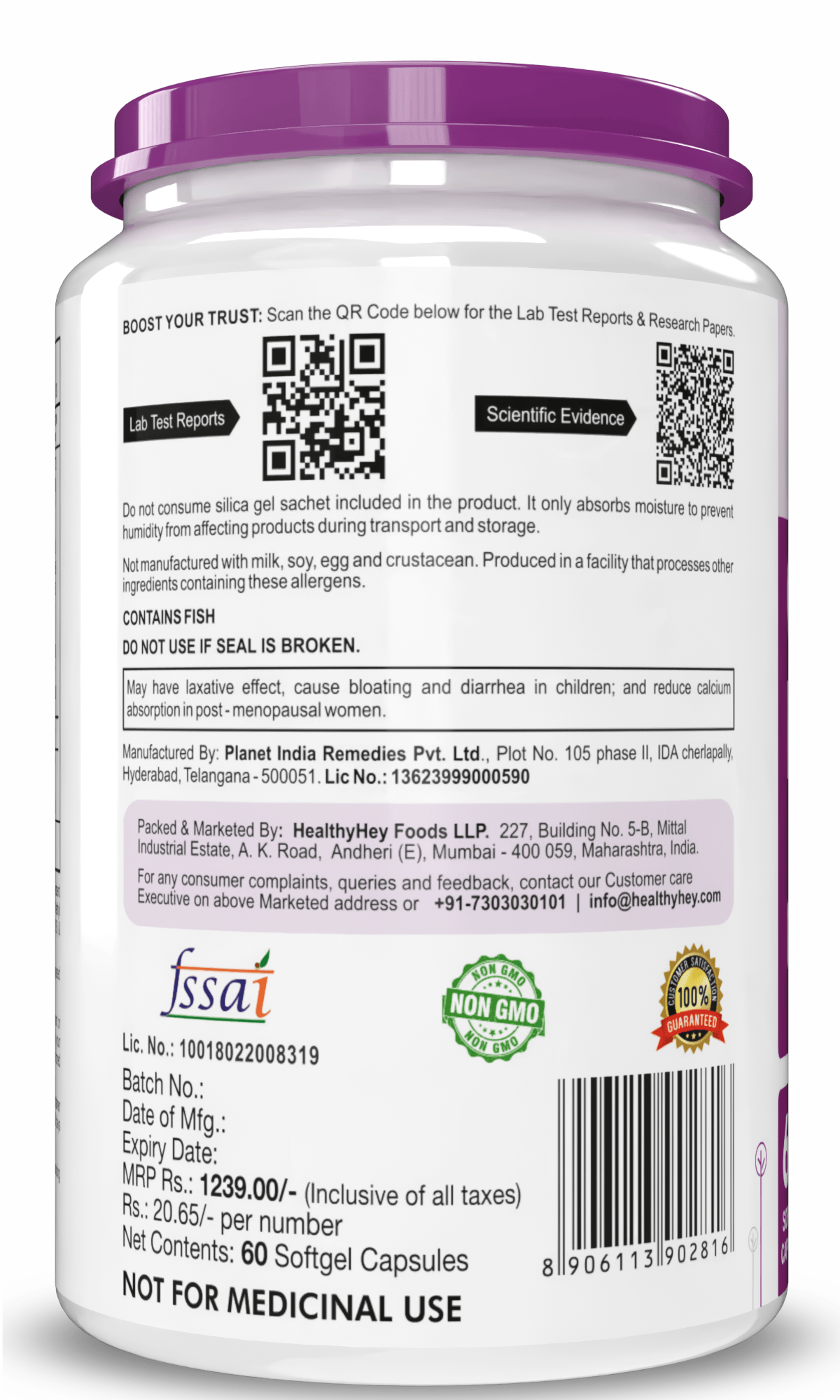 HealthyHey Nutrition Softgel Omega 3 Fish Oil , Support Heart, Brain, Skin, Hair & Eye Health 60 Softgel Capsules (600 EPA & 400 DHA)