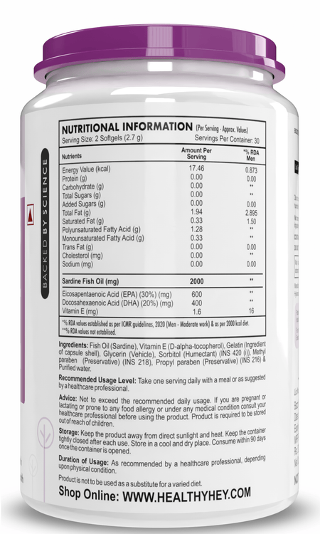 HealthyHey Nutrition Softgel Omega 3 Fish Oil , Support Heart, Brain, Skin, Hair & Eye Health 60 Softgel Capsules (600 EPA & 400 DHA)