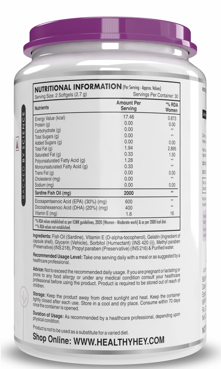 HealthyHey Nutrition Softgel Omega 3 Fish Oil , Support Heart, Brain, Skin, Hair & Eye Health  (600 EPA & 400 DHA)