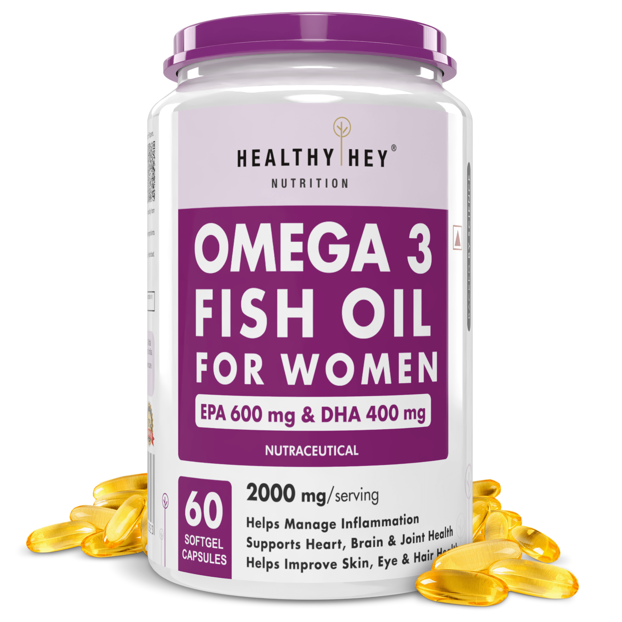 HealthyHey Nutrition Softgel women Omega 3 Fish Oil , Support Heart, Brain, Skin, Hair & Eye Health 60 Softgel Capsules (600 EPA & 400 DHA)
