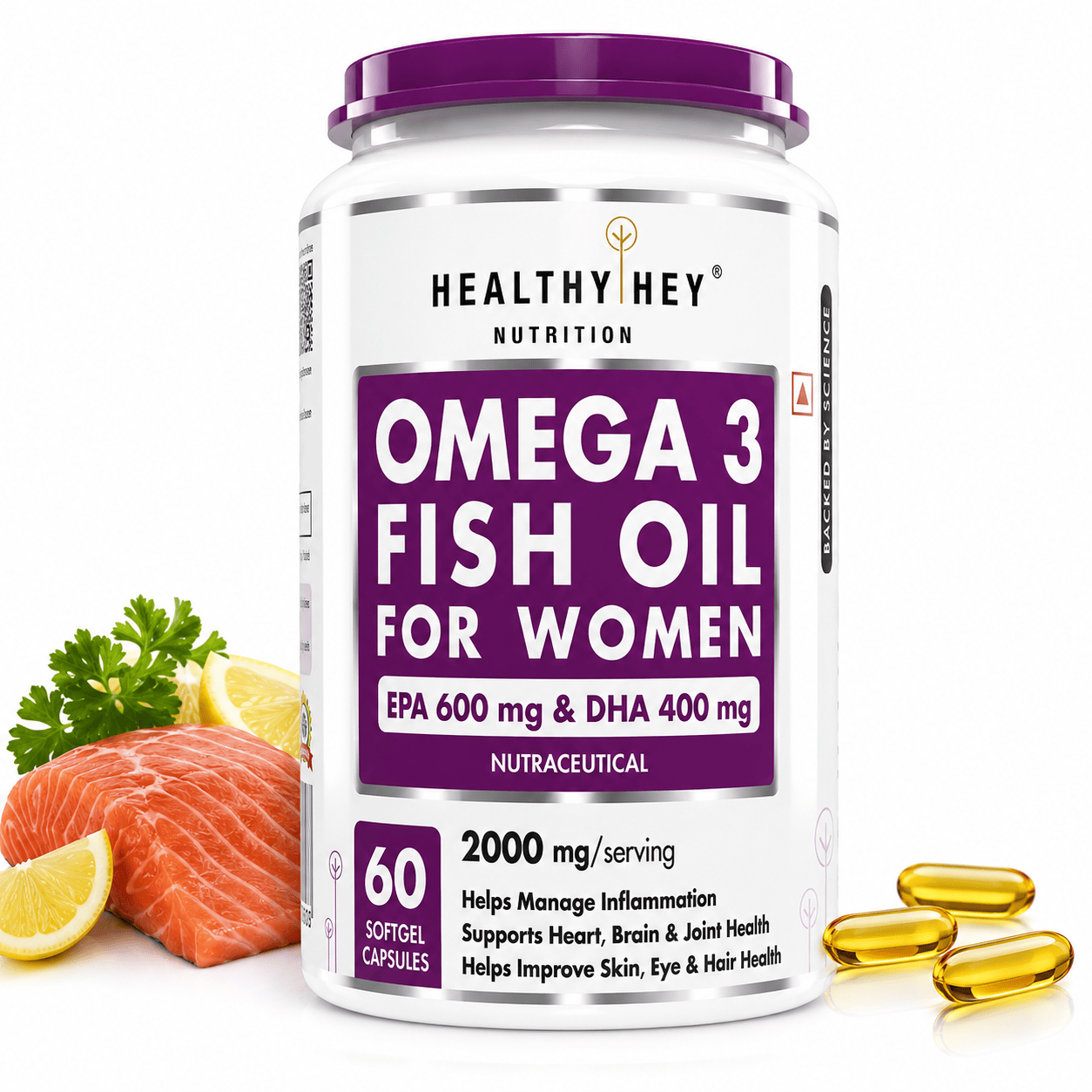 HealthyHey Nutrition Softgel women Omega 3 Fish Oil , Support Heart, Brain, Skin, Hair & Eye Health  (600 EPA & 400 DHA)
