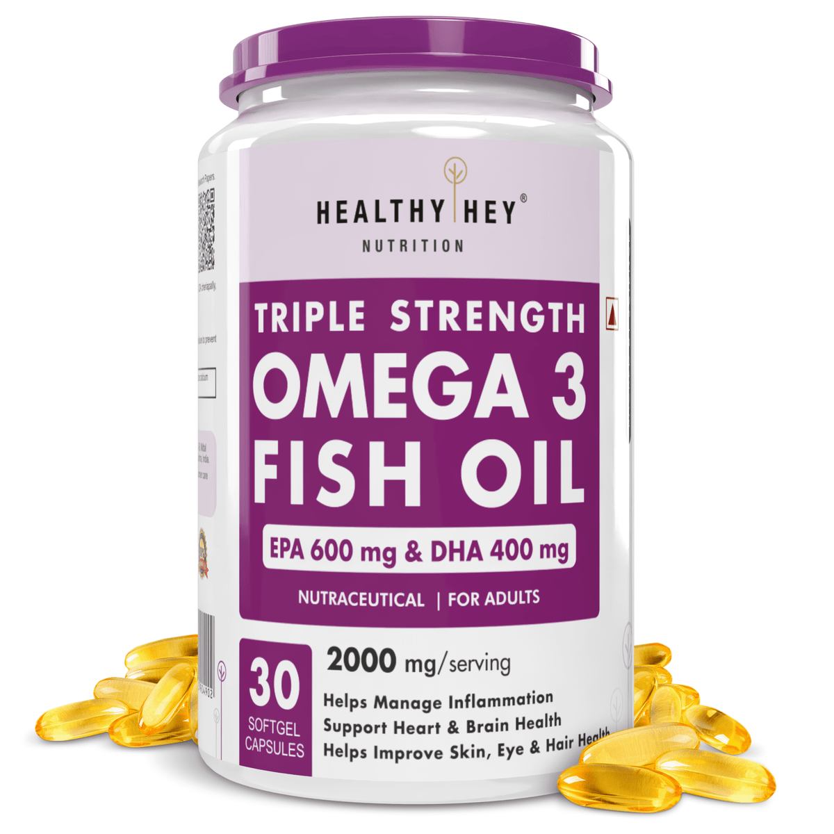 HealthyHey Nutrition Softgels 30 Fish Oil - Omega 3, Support Heart,Brain skin, Hair & Eye Health (2000 Mg) Burpless - 60 Softgel (600 EPA & 400 DHA)