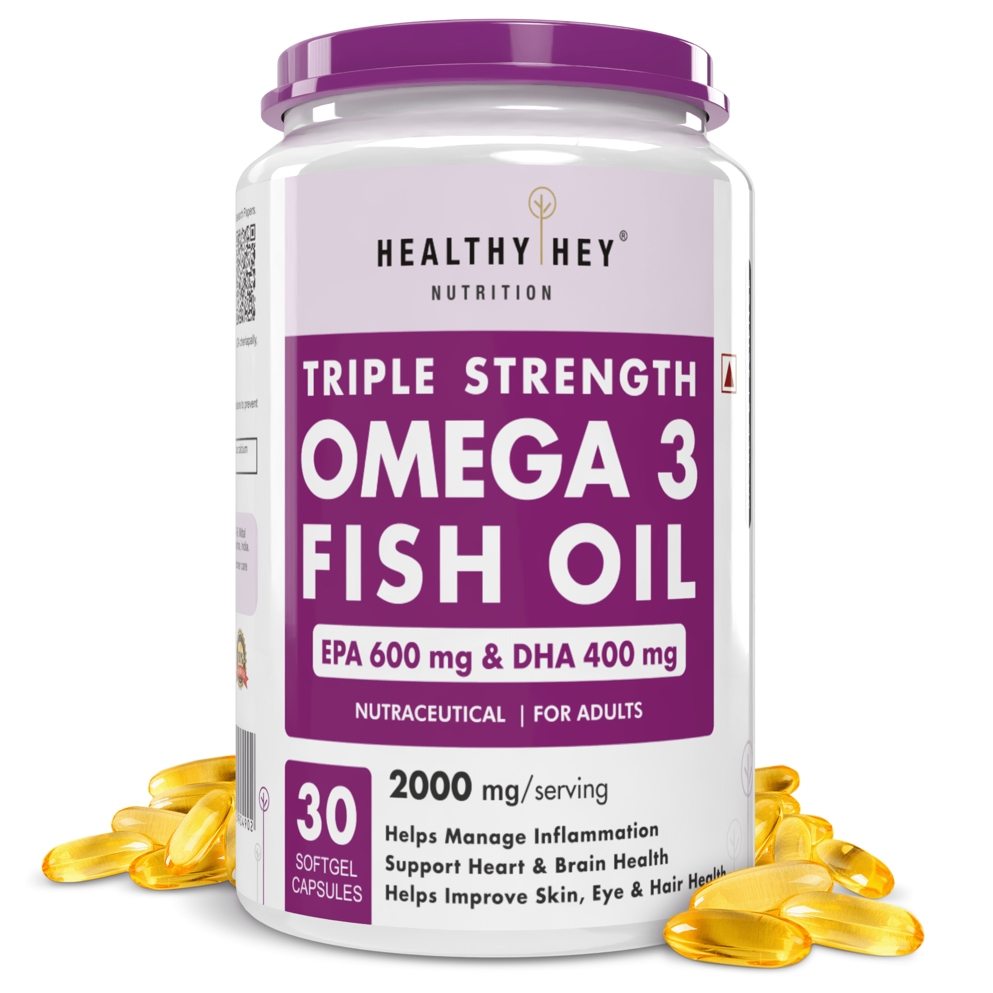 HealthyHey Nutrition Softgels 30 Fish Oil - Omega 3, Support Heart,Brain skin, Hair & Eye Health (2000 Mg) Burpless - 60 Softgel (600 EPA & 400 DHA)