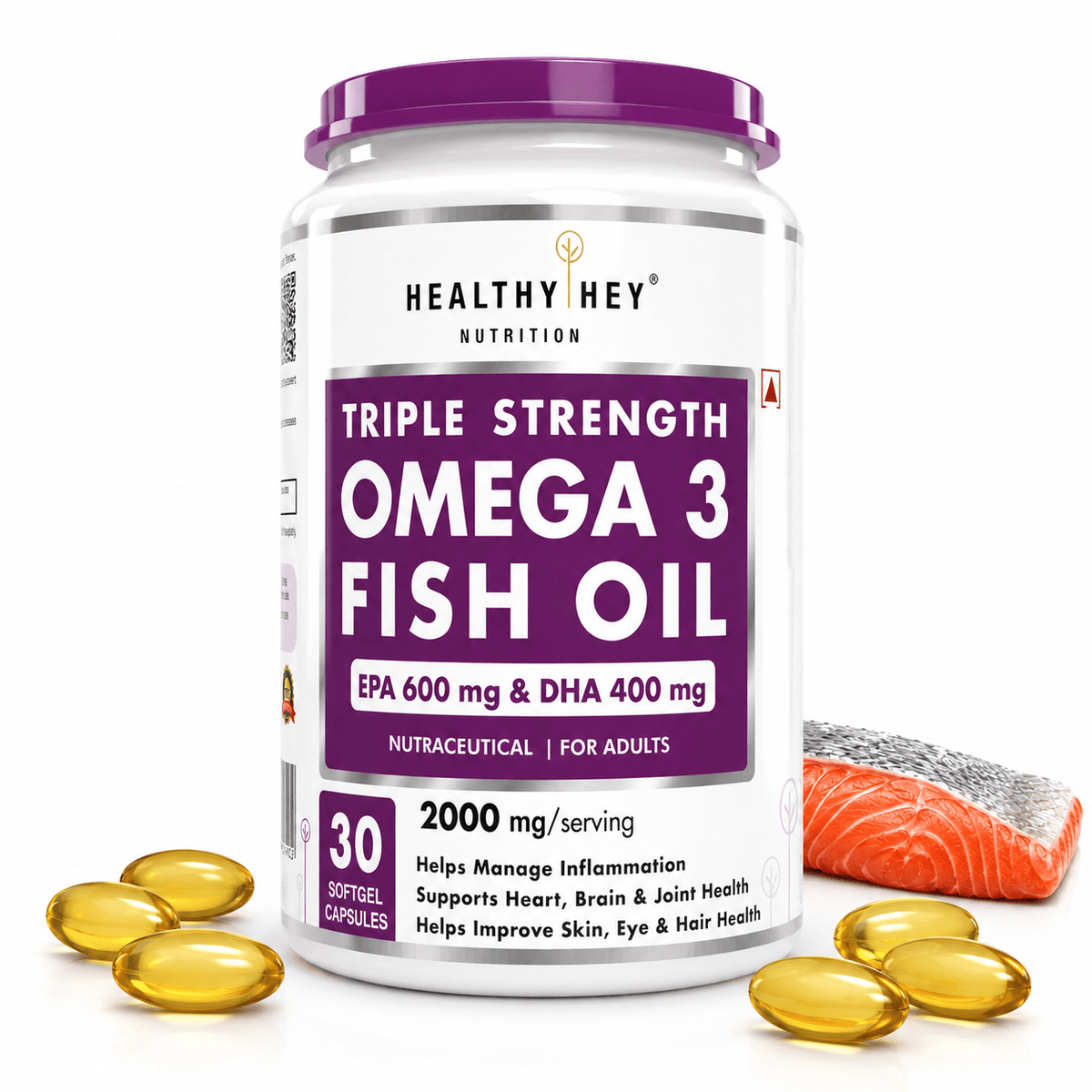 HealthyHey Nutrition Softgels 30 Fish Oil - Omega 3, Support Heart,Brain skin, Hair & Eye Health (2000 Mg) Burpless (600 EPA & 400 DHA)