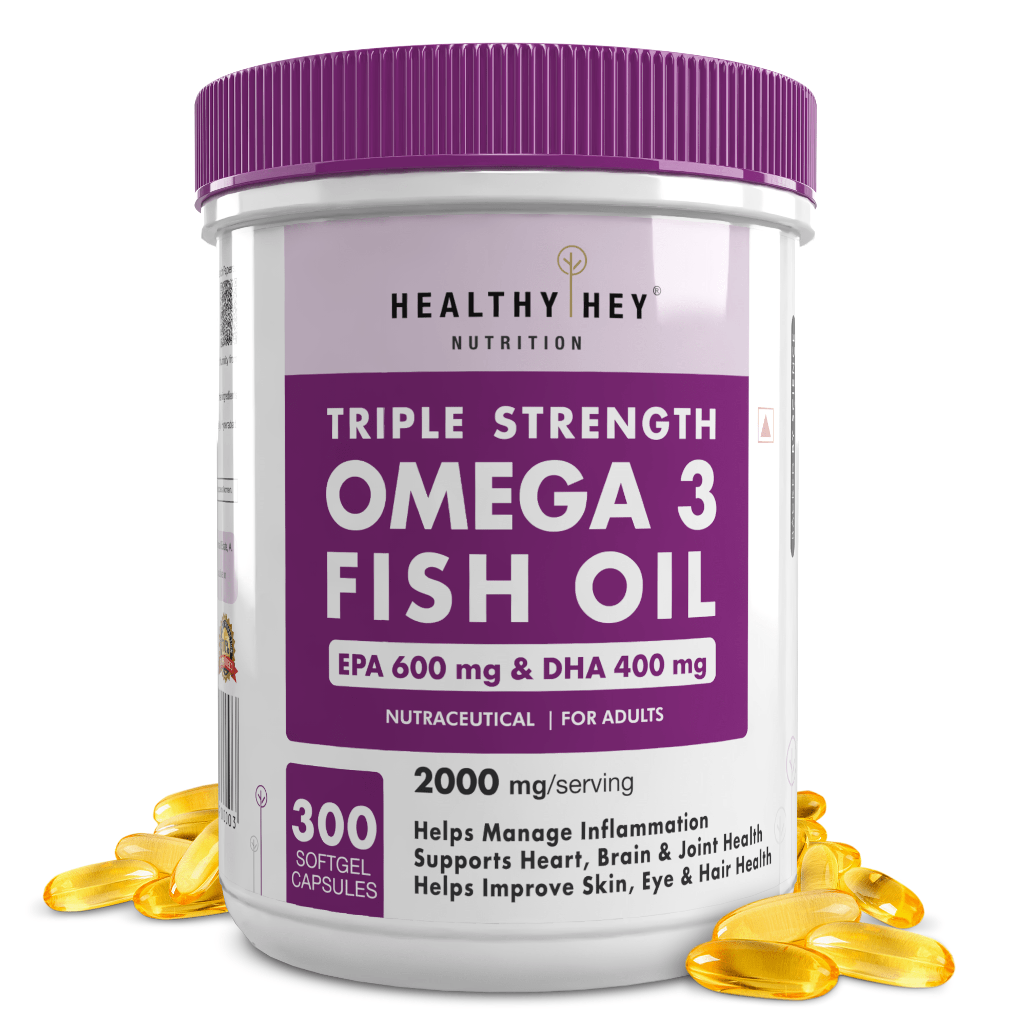 HealthyHey Nutrition Softgels 300 Fish Oil - Omega 3, Support Heart,Brain skin, Hair & Eye Health (2000 Mg) Burpless - 60 Softgel (600 EPA & 400 DHA)