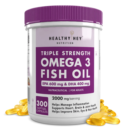 HealthyHey Nutrition Softgels 300 Fish Oil - Omega 3, Support Heart,Brain skin, Hair & Eye Health (2000 Mg) Burpless - 60 Softgel (600 EPA & 400 DHA)
