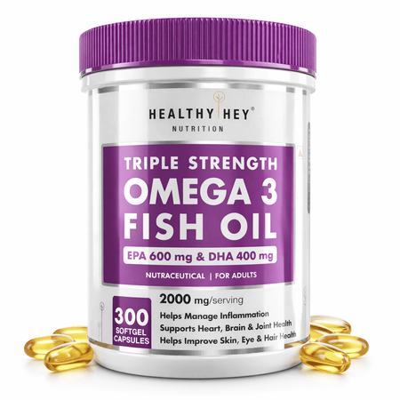 HealthyHey Nutrition Softgels 300 Fish Oil - Omega 3, Support Heart,Brain skin, Hair & Eye Health (2000 Mg) Burpless (600 EPA & 400 DHA)