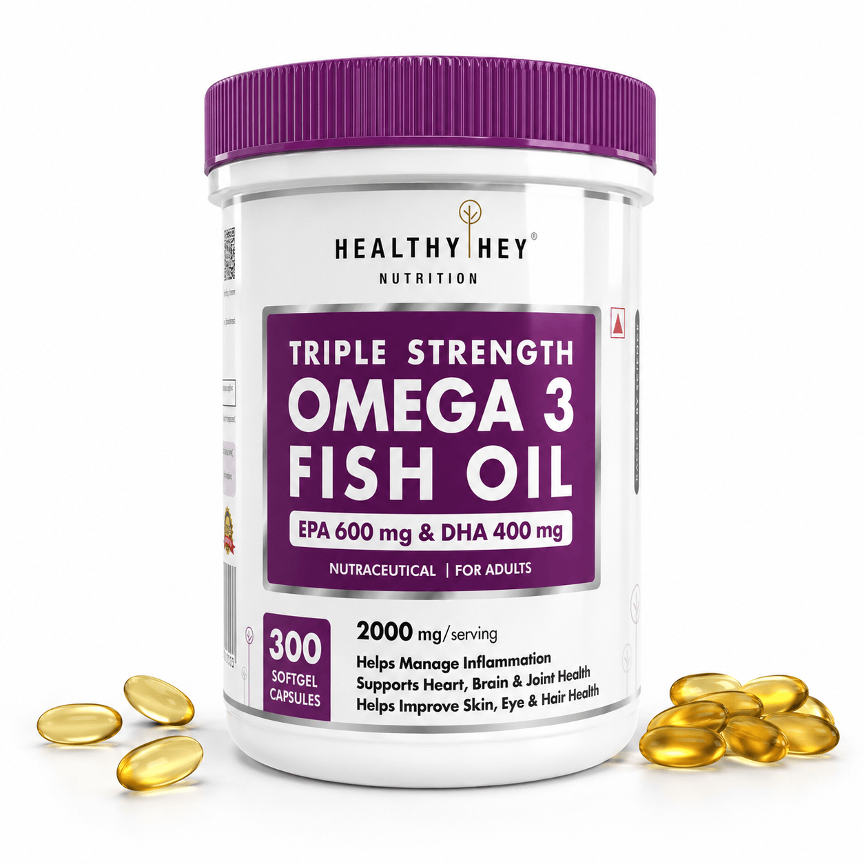 HealthyHey Nutrition Softgels 300 Fish Oil - Omega 3, Support Heart,Brain skin, Hair & Eye Health (2000 Mg) Burpless (600 EPA & 400 DHA)