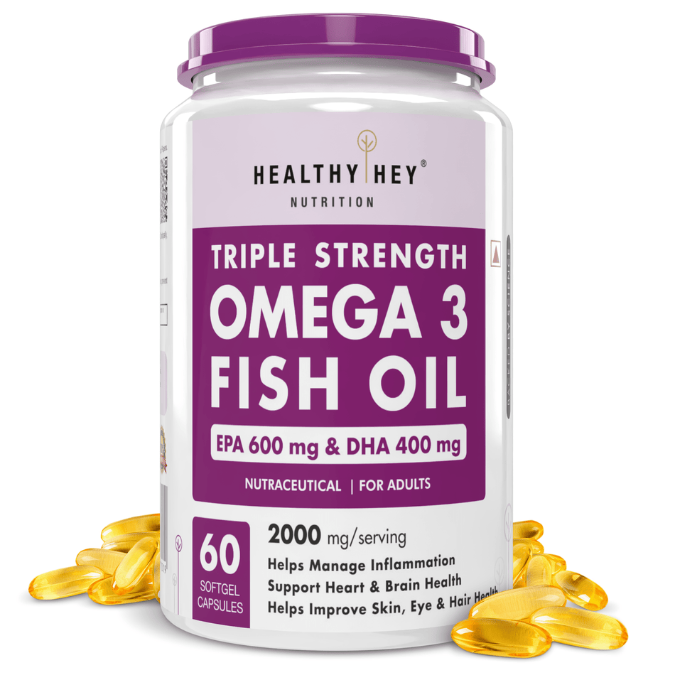 HealthyHey Nutrition Softgels 60 Fish Oil - Omega 3, Support Heart,Brain skin, Hair & Eye Health (2000 Mg) Burpless - 60 Softgel (600 EPA & 400 DHA)