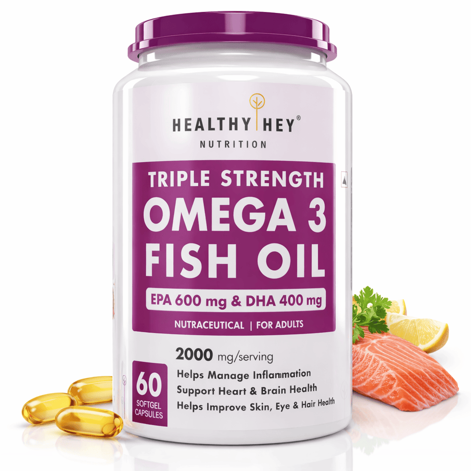 HealthyHey Nutrition Softgels 60 Fish Oil - Omega 3, Support Heart,Brain skin, Hair & Eye Health (2000 Mg) Burpless (600 EPA & 400 DHA)